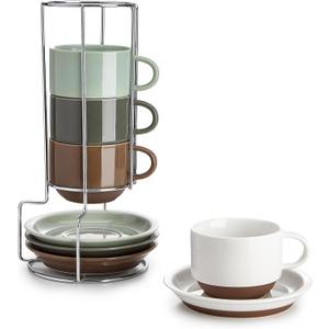 Sweese 8 Ounce Cappuccino Cups Set of 4, Porcelain Stackable Coffee Cups with Saucers and Metal Stand, Multicolor