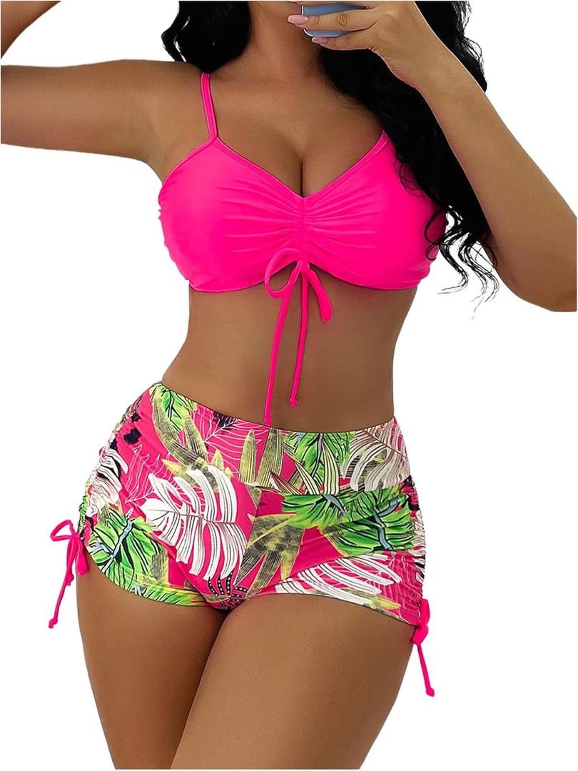 GORGLITTER Women's Tropical Bikini Set Drawstring Cami Top High Waisted Swimsuits with Boy Shorts (X-Large, Hot Pink)