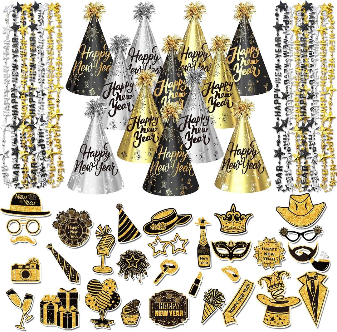2026 New Years Eve Party Hats Kit - Happy New Years Paper Hats Eve Party Supplies for Adults Celebration Decoration (Black Gold Silver Hat)
