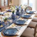 KIRE 140Pcs Blue Plastic Plates with Gold Rim - Gold Disposable Plastic Silverware with Blue Handle&Clear Cups&Hand Napkin - Geometric Party Plates for Memorial Day/Party/Graduation