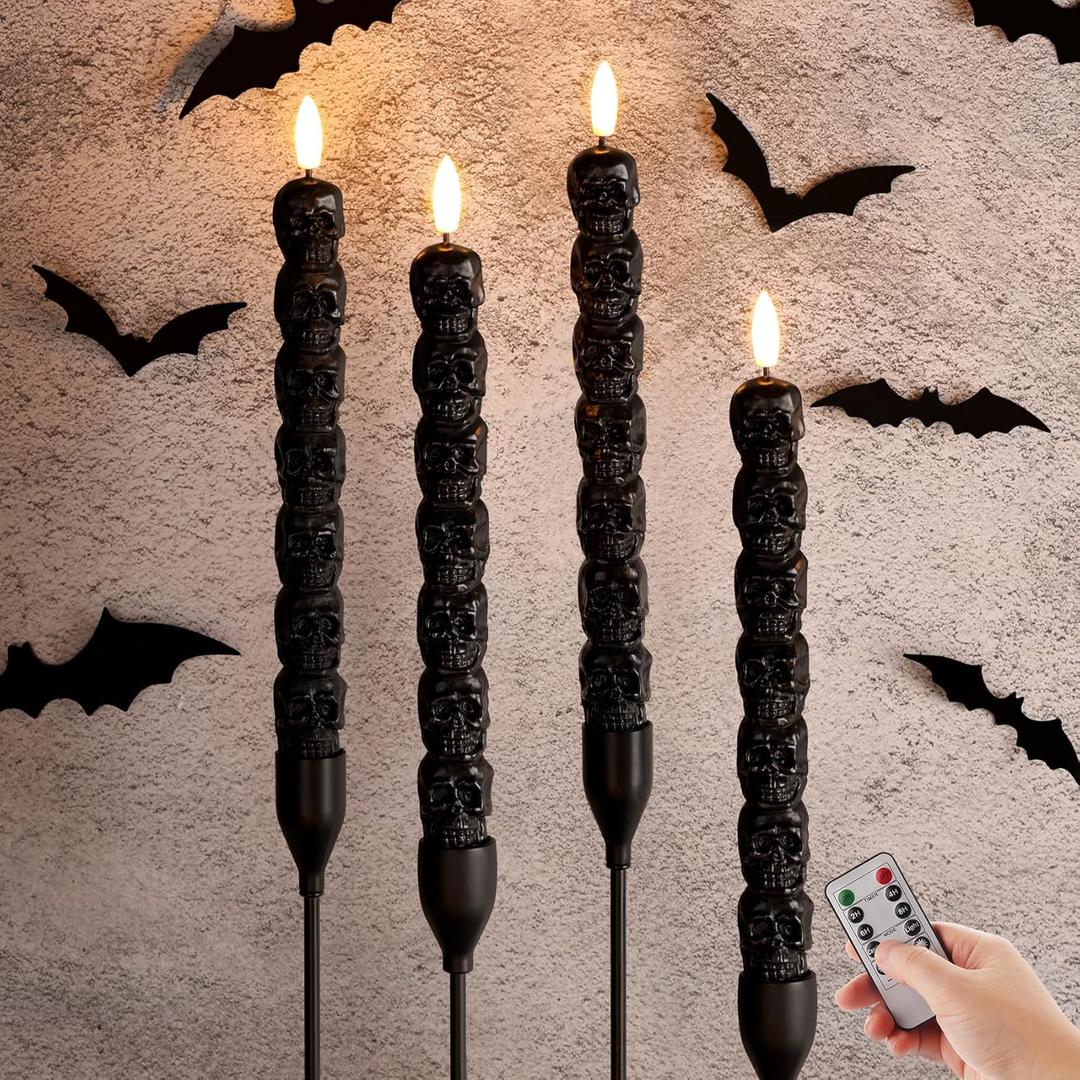 Black Skull Halloween Flameless Taper Candles with Remote, Flickering Spooky LED Wax Candlesticks Battery Operated, Set of 4