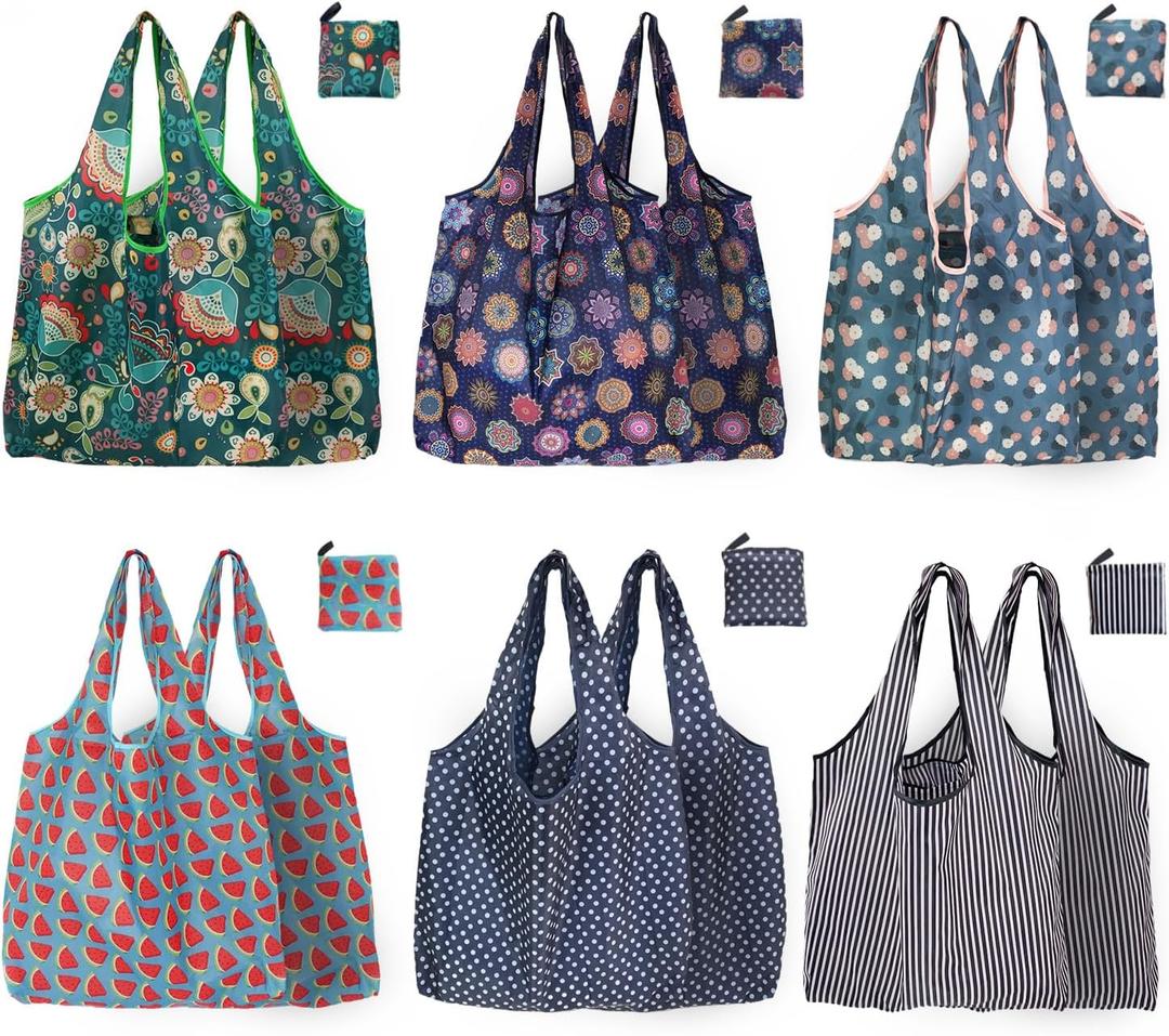 Reusable Grocery Bags, 12 Pack 50Lbs Foldable Fashion Washable Shopping Bags, Large Boho Tote Bags For Groceries, Bulk Market Cloth Storage Bags, Utility Aesthetic Personalized Gifts For Women