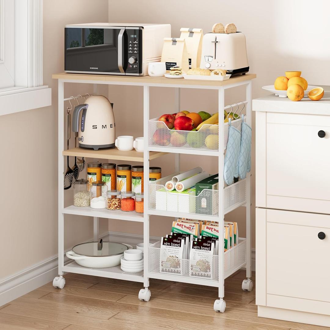 SWTYMIKI Kitchen Island Cart on Wheels  28.35x14.57in Rolling Kitchen Table Cart with Storage Shelves, 6 Removable Hooks& Locking Casters, Coffee Bar Cabinet for Dining Room Pantry Office, White