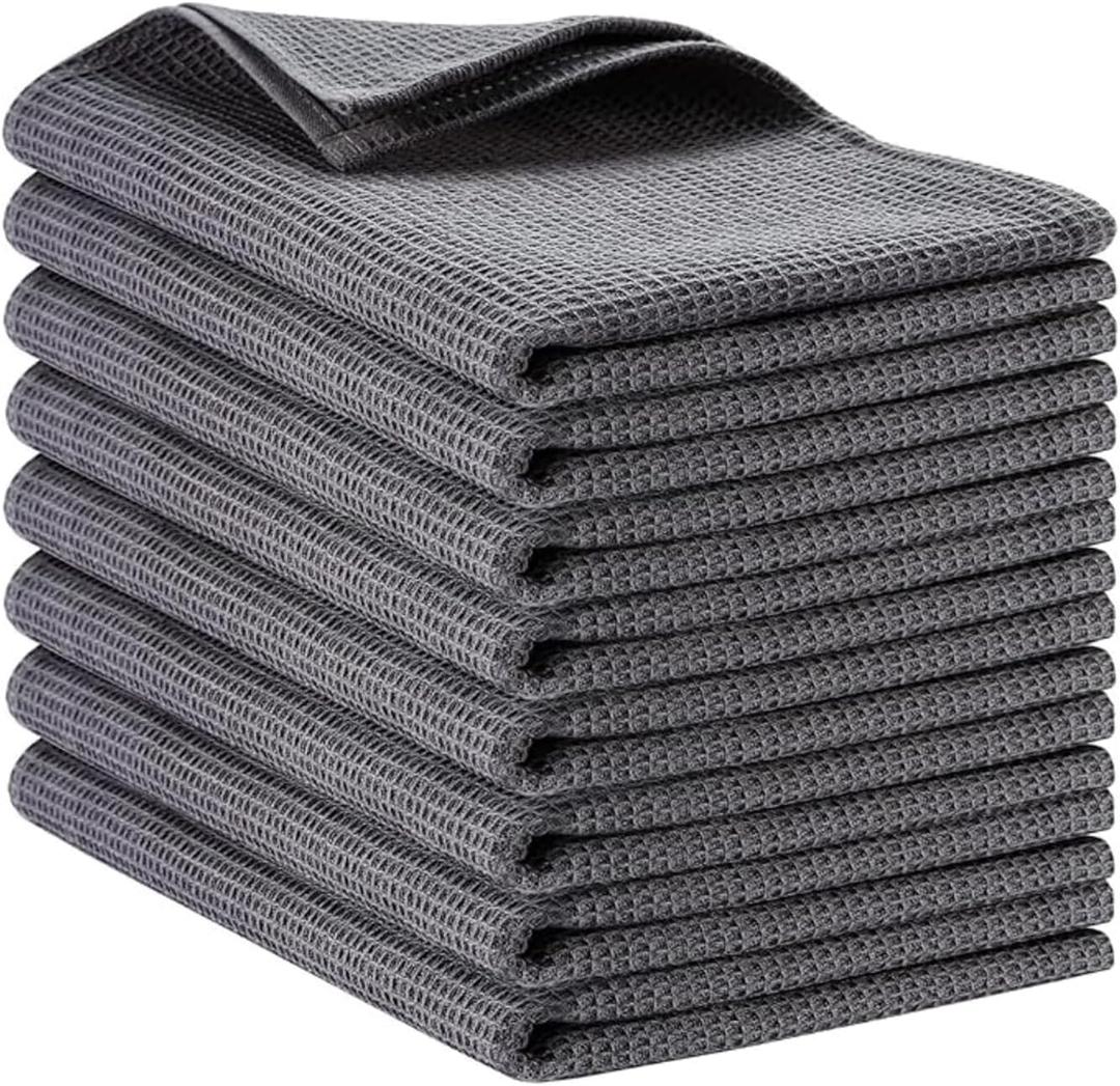 PY HOME & SPORTS 8 Pack Cotton Waffle Weave Kitchen Towels 17 x 25, Super Absorbent Kitchen Hand Dish Cloths for Drying and Cleaning (Dark Grey)