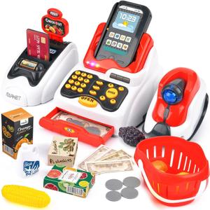 Pretend Play Smart Cash Register Toy - Kids Cashier with Checkout Scanner, Fruit Card Reader, Credit Card Machine, Grocery Play Food Set - Educational Toys for Boys & Girls Gifts Toddlers
