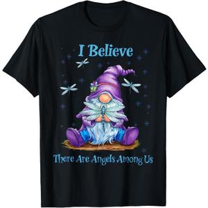 Gnome I Believe There are Angels Among Us Dragonfly T-Shirt (Black, XXL)