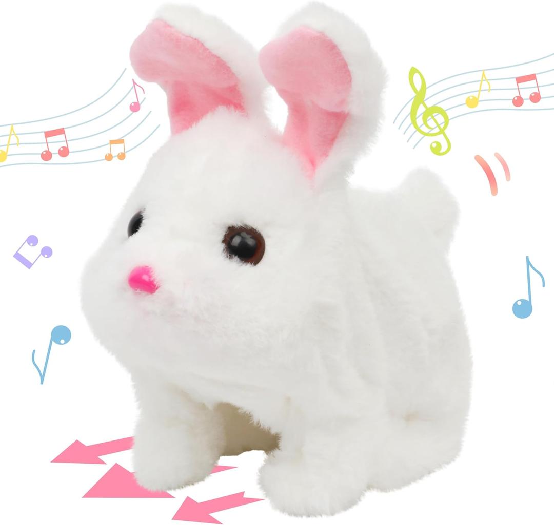 Hopearl Hopping Chubby Rabbit Interactive Electronic Pet Plush Bunny Toy with Sounds and Movements Animated Walking Wiggle Ears Twitch Nose Gifts for Toddlers Birthday, White, 7''
