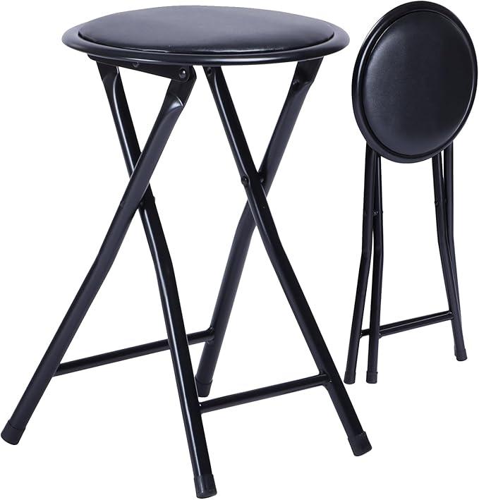 Folding Stool, Backless 18-Inch Stool Chair Collapsible Padded Round Portable for Indoor/Outdoor, Metal Frame, PVC Cushion, No Assembly Required, Set of 1, Black