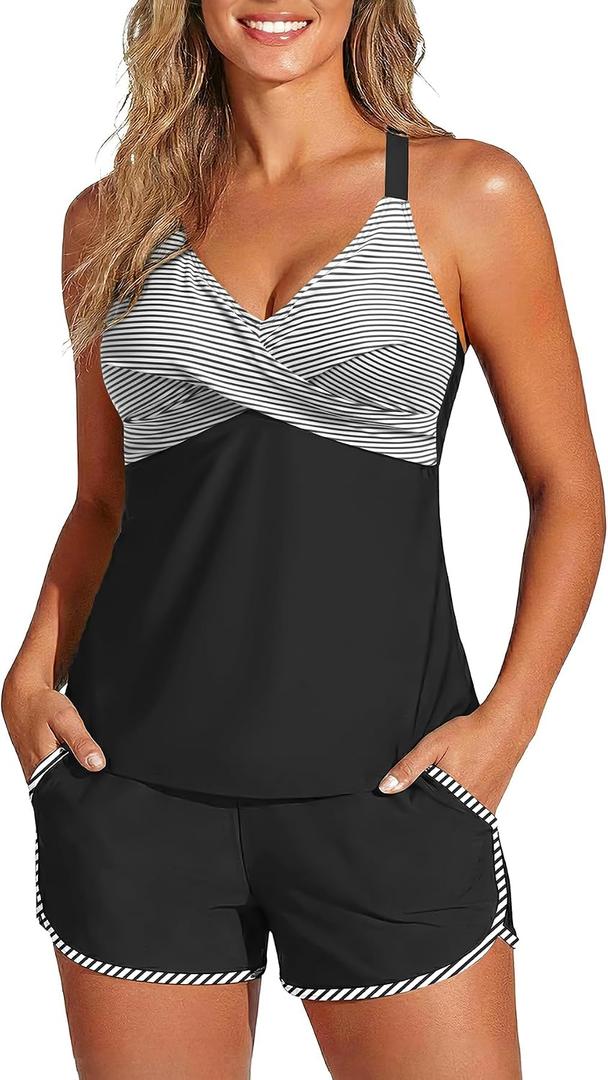 Aqua Eve Womens Tankini with Shorts - Two Piece Tummy Control Swimsuit Cross Back Bathing Suit with Pockets 2025 Swimwear (Black, M)