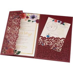 25pcs 5"x7.28" Burgundy Vintage Tri Fold Wedding Invitations Cards pocket Pearl Paper Laser Cut Hollow Carving Greeting invites Covers only no envelope no insert