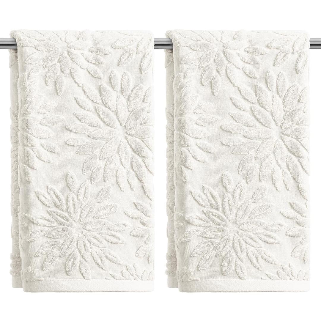 Artoid Mode 2 Pcs White 3D Dahlia Floral Jacquard Hand Towels for Bathroom, 100% Cotton Soft Absorbent Bathroom Decor Towels, 13.7 x 29.5 Inch