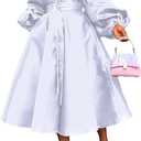 YOOTIKO Women Long Sleeve Satin Dress Button Flowy A Line Formal Cocktail Babydoll Dress with Belt, Size: XX-Large (White)