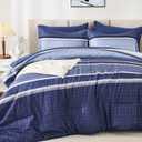 WONGS BEDDING Comforter Set King Size 7 Pieces,Navy Blue Striped Bed in a Bag Comforter and Sheet Set,Patchwork Soft Lightweight Micorfiber Bedding Set for All Seaon (90"104")