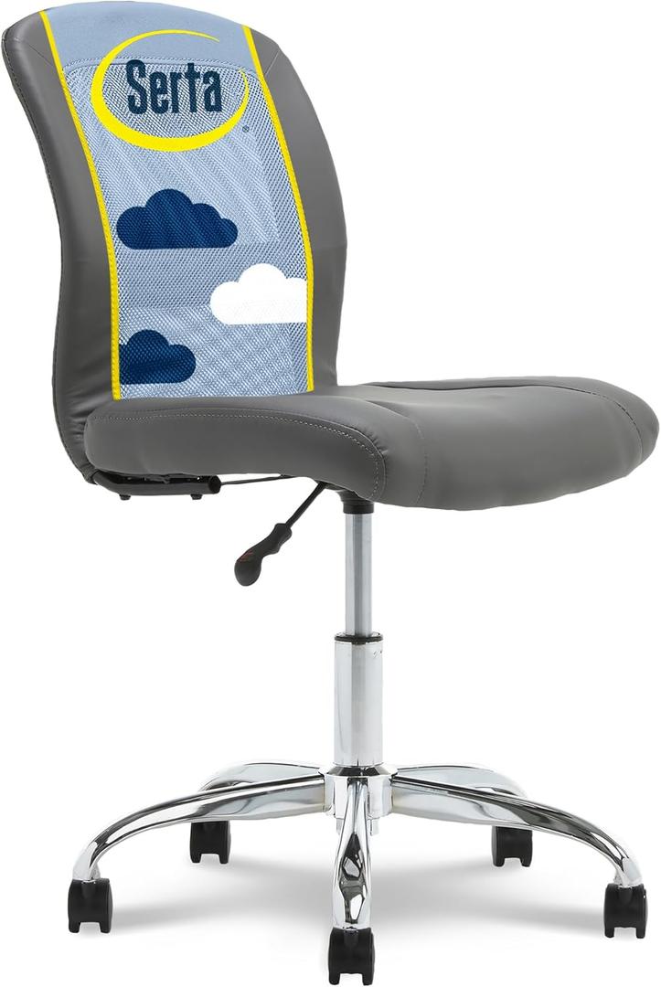 Serta Essential Armless TaskChair, Small Desk Chairs with Wheels, Breathable Mesh Back and Faux Leather, Quality Foam Cushion Seat for Comfort, Minimal Design for Vanity Table, Gray (Grey)