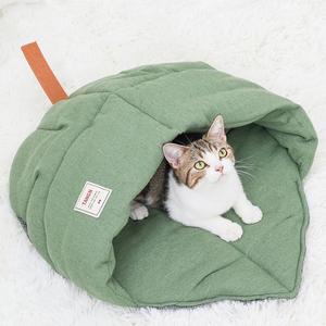 Cat Sleeping Bag, Linen Fabric Cat Bed Cave Leaf Nest Pet Cuddle Zone Covered Hide Hood Burrowing Cozy Soft Durable Washable with Non-Slip Bottom for Indoor Puppy and Kitten (Green)