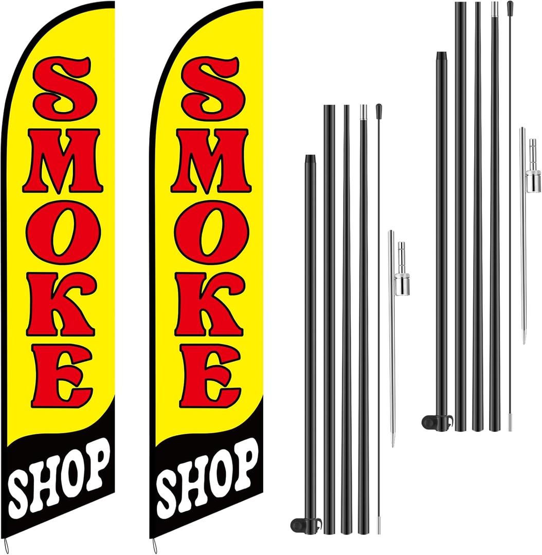 2 Set Smoke Shop Feather Flag Pole Kit Smoke Shop Sign Banner Advertising Feather Banner for Outside Outdoor Business Decoration(15 ft)