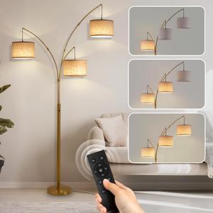 Gold Floor Lamps for Living Room, Super Bright Arc Floor Lamp with Remote Control, 3 Light Tall Floor Lamps with Stepless Dimmable, 80" Mid Century Tree Floor Lamp for Bedroom, Office (Gold-Linen Shade)