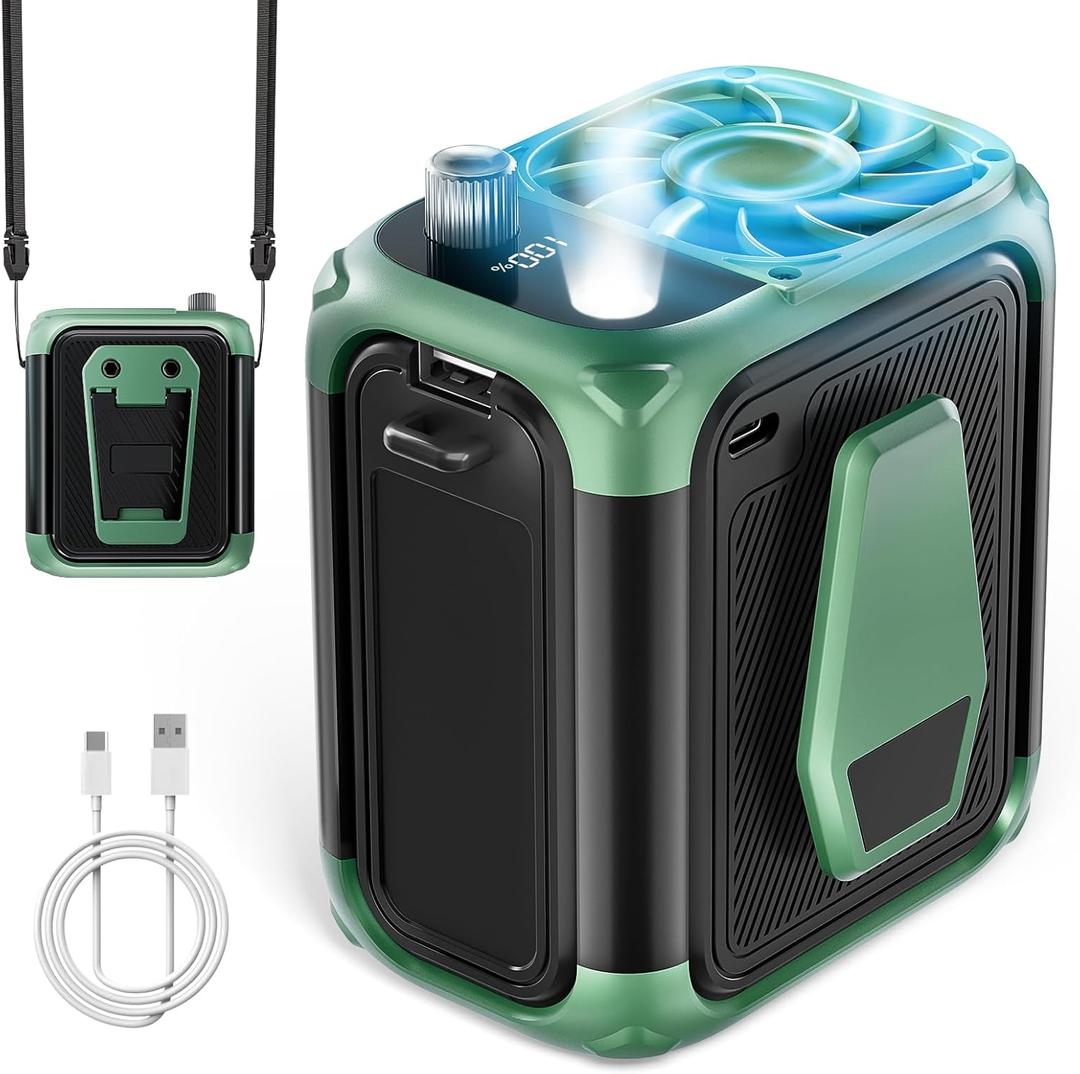 Smart Portable Waist Fan Rechargeable with LED Light, 150 Speed Turbo Cooling Personal Neck Fan, Max 25H Working Time, Hands-Free Wearable Neck Strap and Belt Clip for Camping, Outdoor