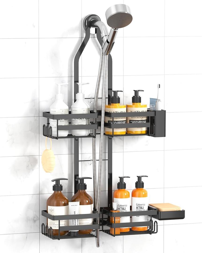 Over the Shower Head Caddy for Handheld Showerhead - Rustproof Hanging Shower Organizer, No Drill 2-Tier Bathroom Storage Shelf with Soap Holder, Black