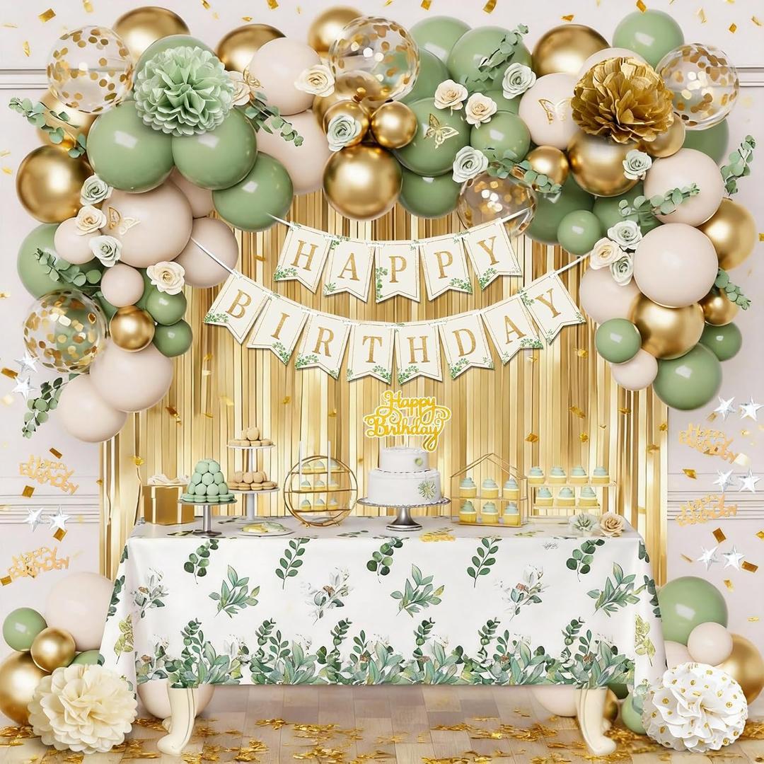 Sage Green Birthday Decorations, Olive Green Gold White Sand Balloons Happy Birthday Banner Tablecloth Gold Fringe Curtain Paper Pom Poms for Women Men Girls Boys Bday Party Decor