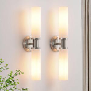 Wall Sconces Set of Two, Brushed Nickel Bathroom Sconces Wall Lighting with White Glass, Modern Sconces Wall Decor Set of 2 Wall Light fixtures for Bathroom Mirror Living Room Hallway Bedroom Wall Lamp
