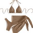SHENHE Women's 3 Piece Textured High Cut Halter Triangle Bikini Swimsuit with Cover Up (Large, Khaki)