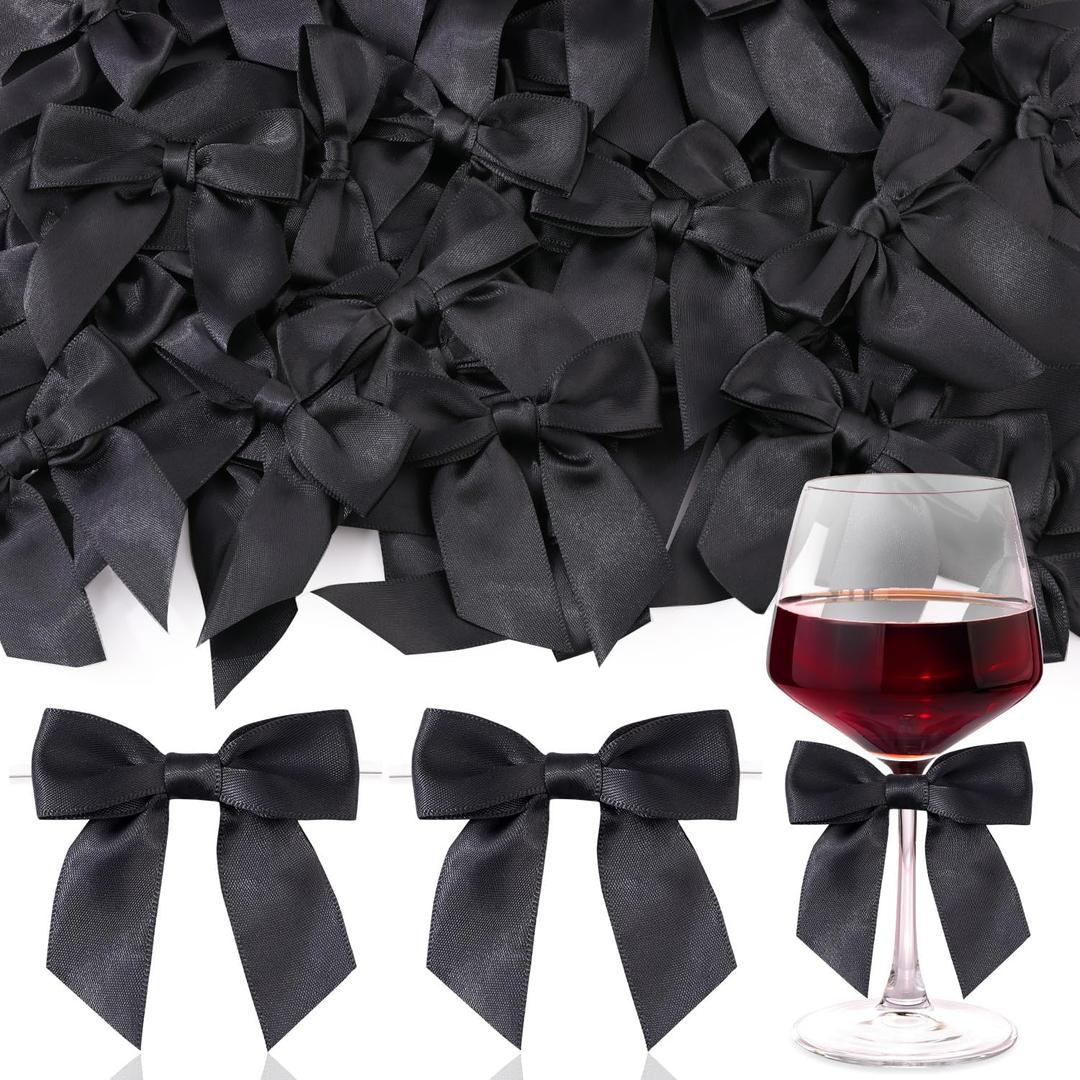 60PCS Tinkrstuff Black Bows for Crafts, 3" Satin Ribbon Bow for Clothes Ornament, Fabric Bows for Party Decor, Cute Christmas Tree Bows &Thanksgiving Gifts Wrapping Treats Balloons (with Twist Tie)