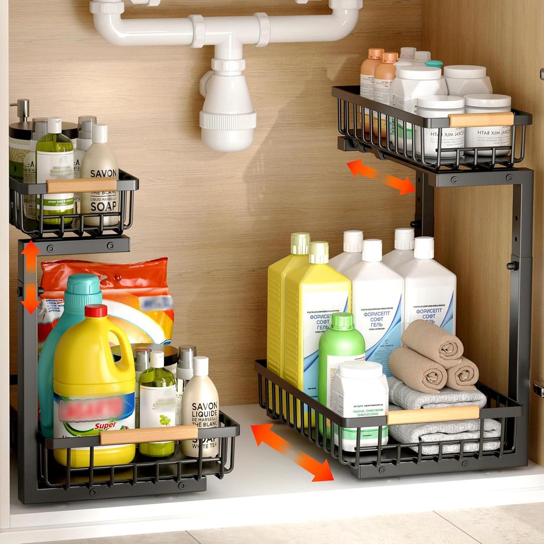 Under Sink Organizer, 2 Pack Under Sink Organizers and Storage, 2-Tier Pull Out Under Cabinet Organizer Storage Shelf, Metal Frame, Height Adjustable Rack for Bathroom Kitchen Pantry