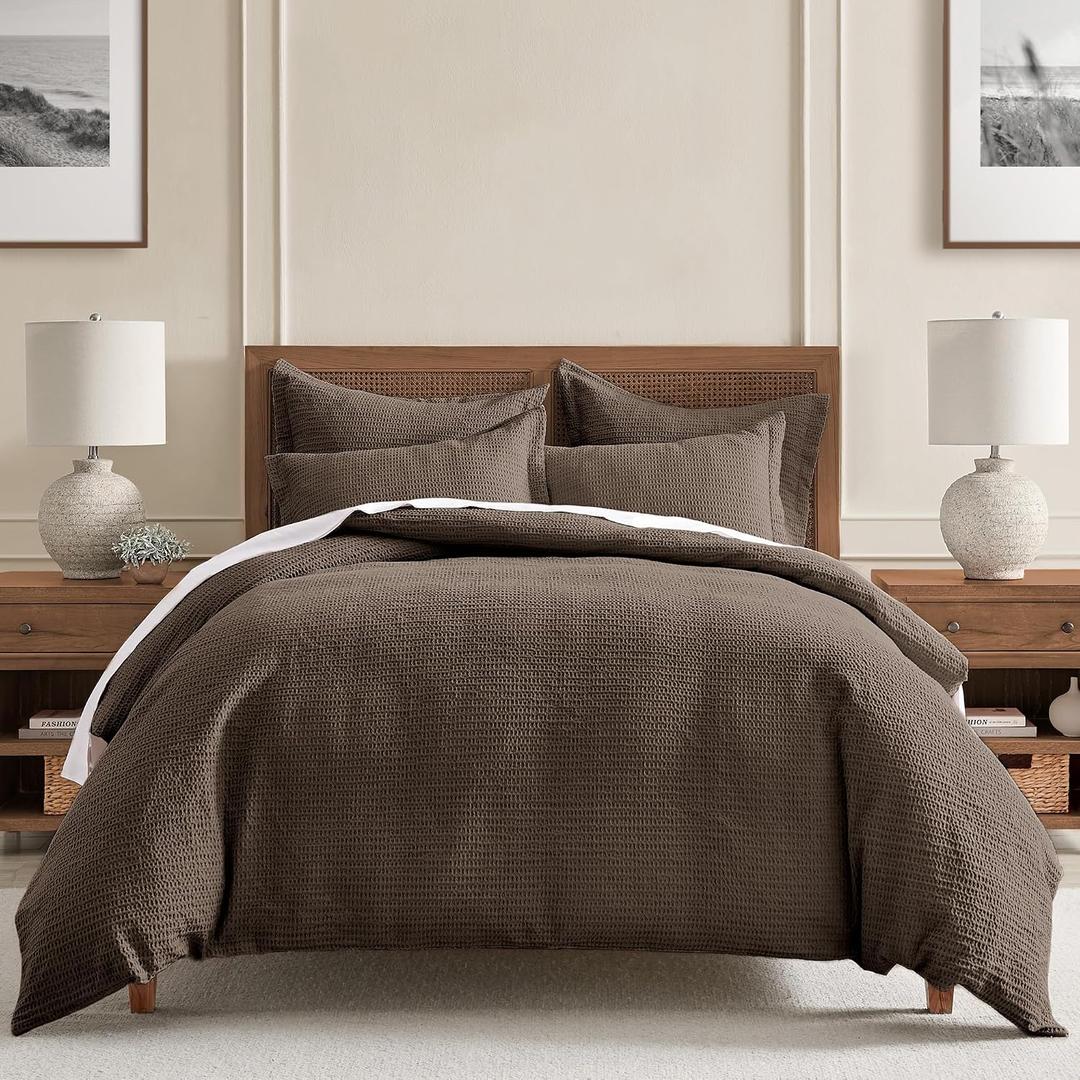 Levtex Home Cloud Waffle King/Cal King Comforter Set (106x94in) with 2 Pillow Shams (36x20in) - Solid Waffle Cotton Texture - Cocoa - 100% Cotton King Size Comforter Set - Soft, Pre-Washed