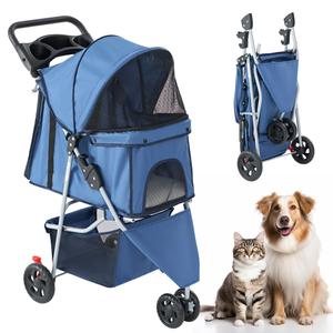 KMFurnila 3 Wheel Pet Stroller for Dogs and Cats, Foldable, Lightweight and Durable, Ideal for Small to Medium Pets, Includes Storage Basket and Cup Holders