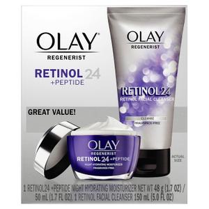 Olay Retinol 24 Duo Pack, Renewing Exfoliating Cleanser, FragranceFree 5.0 FL oz, Night Moisturizer, Fragrance-Free, 1.7 oz, 4ct Retinol Cleansing Melts
