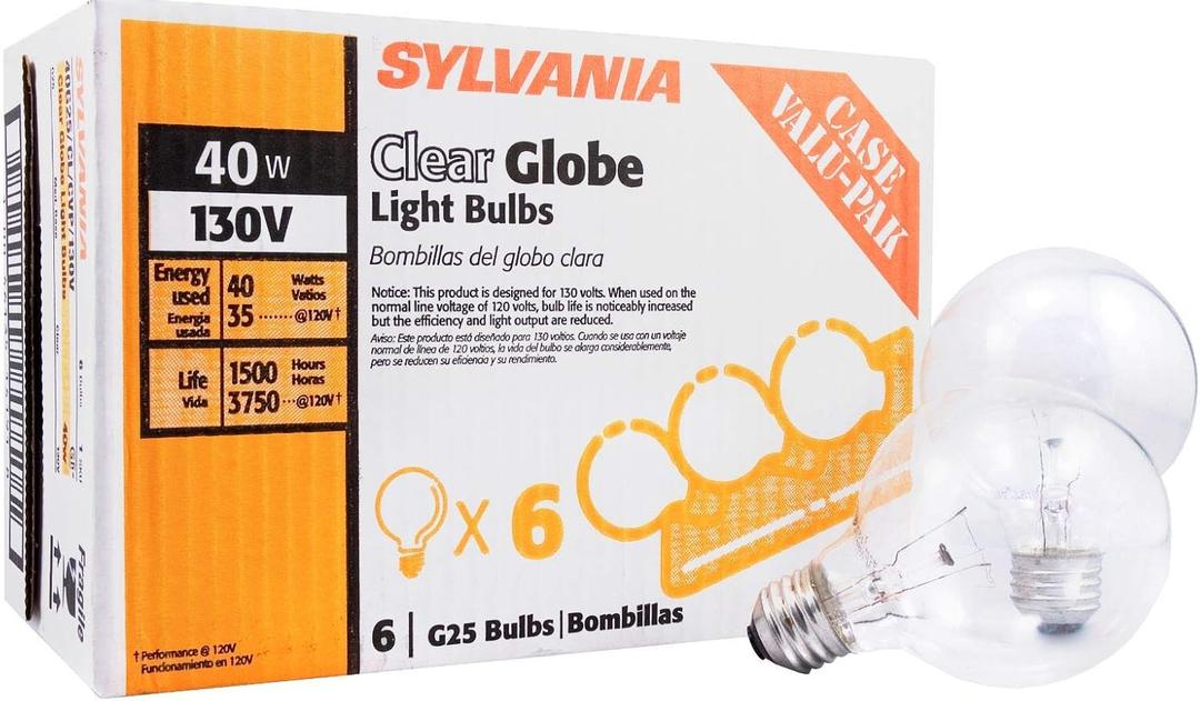 SYLVANIA Incandescent G25 Dcor Globe Light Bulb, 40W, Dimmable, E26 Medium Base, Clear, 2850K, Warm White - 6 Pack (14191)