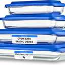 SereneLife 8-Piece Glass Baking Dish with Lids Set - ( 4 Heavy Duty Rectangular Glass Baking Pan with 4 BPA-Free Lids ), Oven-Safe Bakeware for Lasagna, Meats, Desserts - Dishwasher Safe, Blue