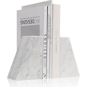 Luxury Marble Bookends for Shelves, 11LB Heavy Duty Marble Book Ends for Heavy Books, Stone Bookends Decorative, Polished, Carrara White Triangular, Set of 2 (3.936 Inch)