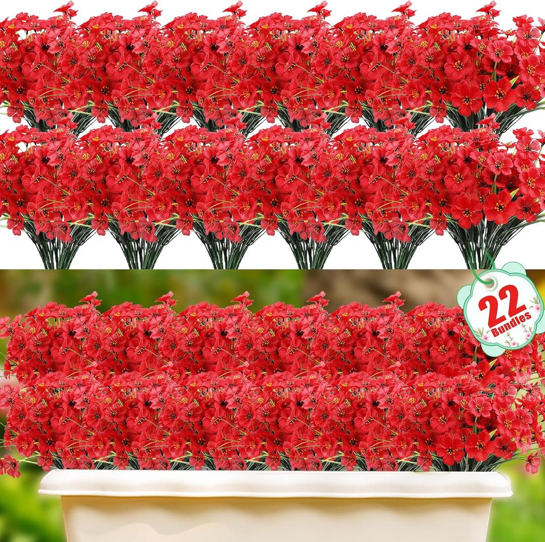 22 Pack Artificial Flowers Outdoor Fake Plants, Faux Flowers UV Resistant with Plastic Plants, Faux Silk Flowers for Outdoors Outside Front Porch Hanging Planter Window Box Garden Decoration (Red)