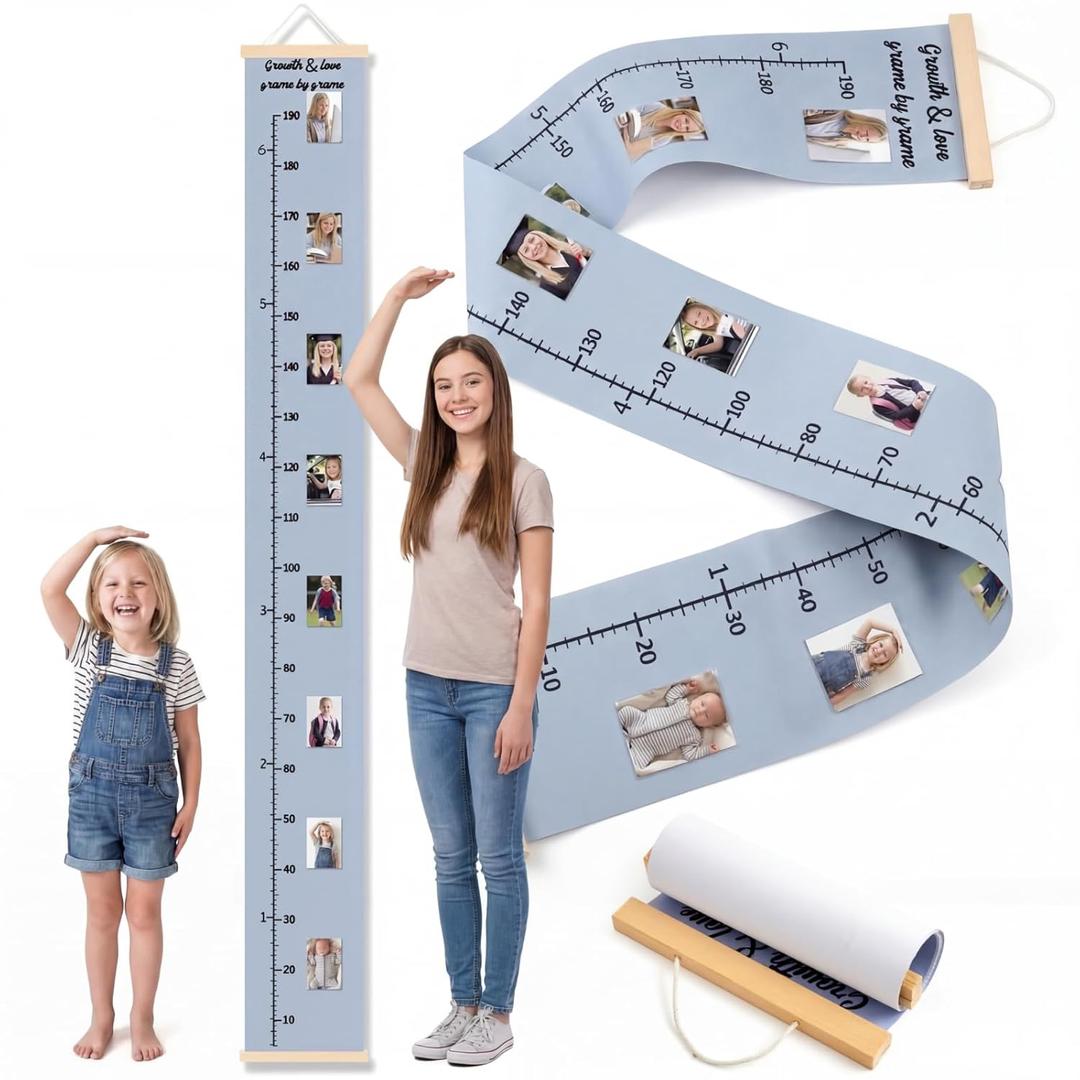 Growth Chart for Kids, Measures Up to 1.9m, Kid Height Wall Chart with Picture Frames, Foldable Canvas Height Ruler Milestone Markers, Unisex Toddler Wall Decor, Keepsake Gift for Boy & Girl