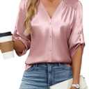 Blooming Jelly Womens Button Down Shirts 3/4 Sleeve Dressy Casual Tops Pleated Satin Silk Business Blouses 2025 (Large, Light Pink)