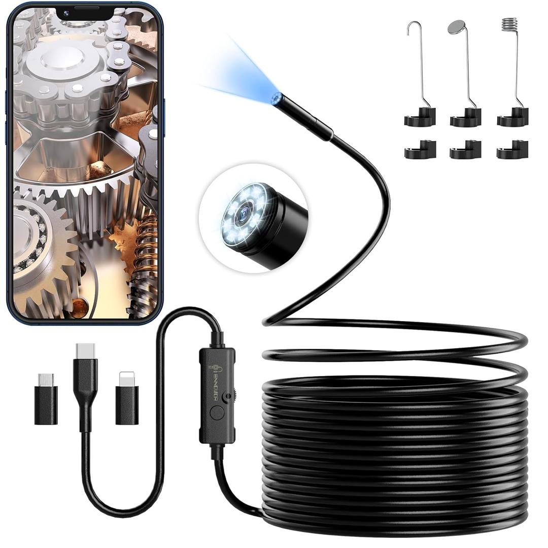 Endoscope Camera with Light, 1920P HD Borescope with 8 Adjustable LED Lights, 16.4ft Semi-Rigid Snake Camera, IP67 Waterproof 7.9mm Inspection Tools for iOS and Android