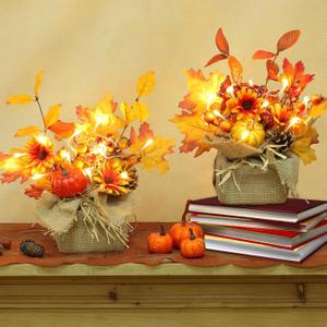 [ 2 Styles & Lighted ] 2 Pack 11 Inch Fall Maple Tree Decor, Artificial Tabletop Fall Tree with 20 LEDs Battery Powered Fall leafed Pumpkin Daisy Cones Berry Thanksgiving Fall Decorations for Home