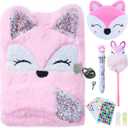 WIEWUSCH Gifts for 6 7 8 9 Year Old Girls, Diary with Lock for Girls - Journal Kit for Girls with Bookmarks Sticky Notes Pom Pom Pen Fuzzy Notebook (Fox Diary,Pink)