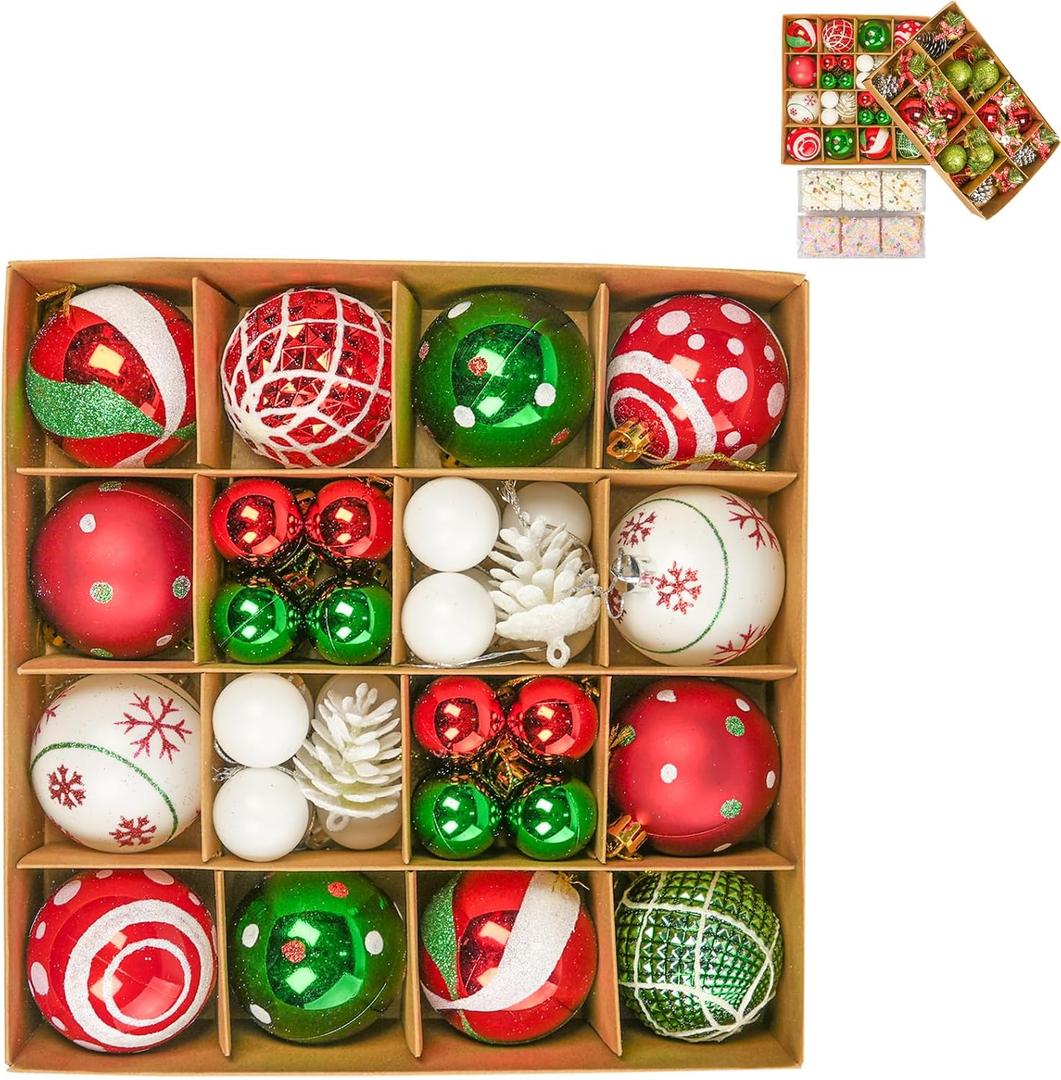 42PCS Shatterproof Christmas Ornaments Ball Set, 2.36 Inch Glittering Plastic Holiday Decorations with Hooks, Vibrant Colors Many Styles, Suitable for Christmas Tree Garden Christmas Decoration