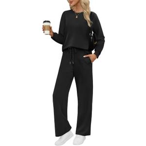WIHOLL Lounge Sets for Women 2 Piece Travel Vacation Outfits Fall Sweatsuit Tracksuit (Small, Black)