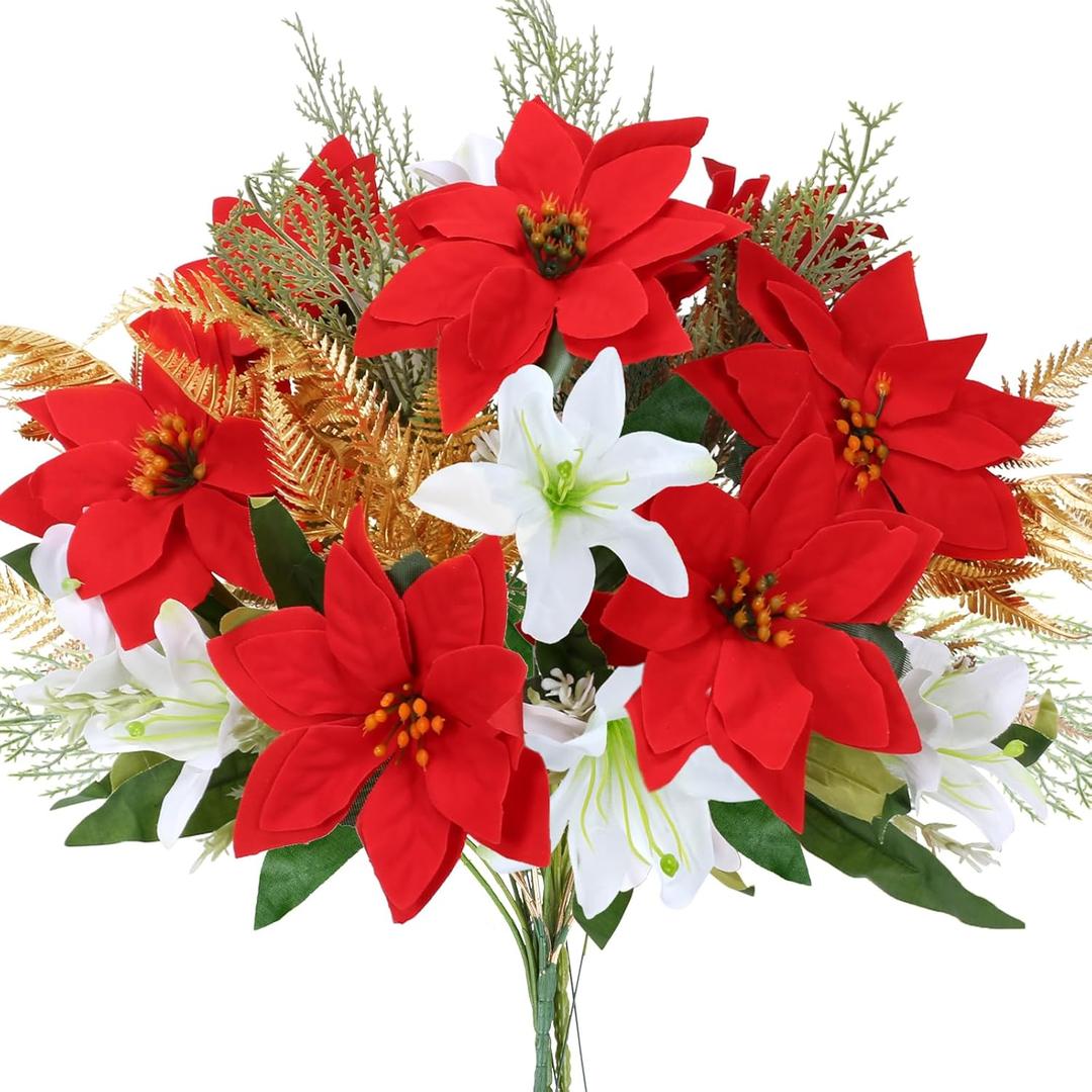 Poinsettia Flowers Artificial, Christmas Flower Arrangements with Lily Pine Needle Winter Florals for Home Indoor Table Centerpieces Outdoor Wedding Party Cemetery (13.77")