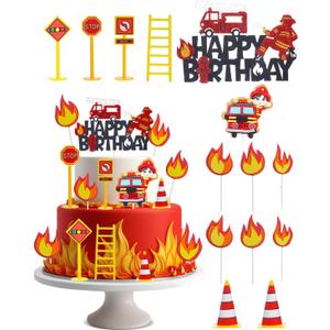 14-Piece Fire Truck Cake Topper Set, Firefighter Birthday Decorations for Kids, Fireman Themed Party Supplies for Cake Cupcakes