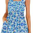 DEEP SELF Women Summer Sleeveless Romper Square Collar Ruffle Straps Flowy Short Jumpsuit with Pockets (Small, Apricot Blue Floral)