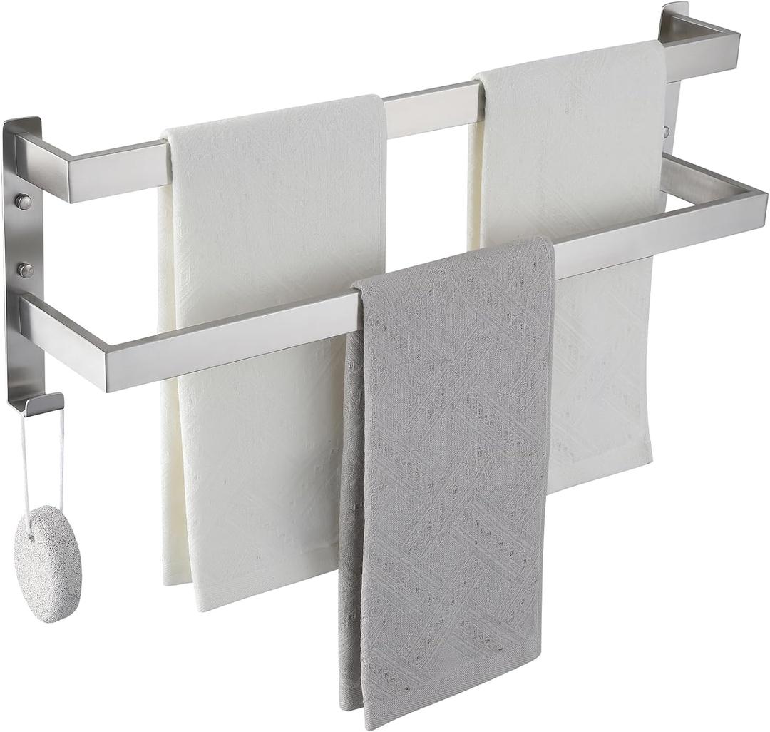 Double Towel Bar Towel Racks for Bathroom, Bath Towel Holders Wall Mount, Stainless Steel Towels Shelves Towel Rail, 2-Tiers (Brushed Nickel, 24 Inches)