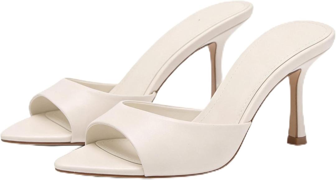 Riekhany High Heel Mules for Women Slip On Open Pointed Toe Classy Patent Leather Stiletto Pumps Formal Slingback Mule Sandals Dress Walking Shoes (White, L) 9.5
