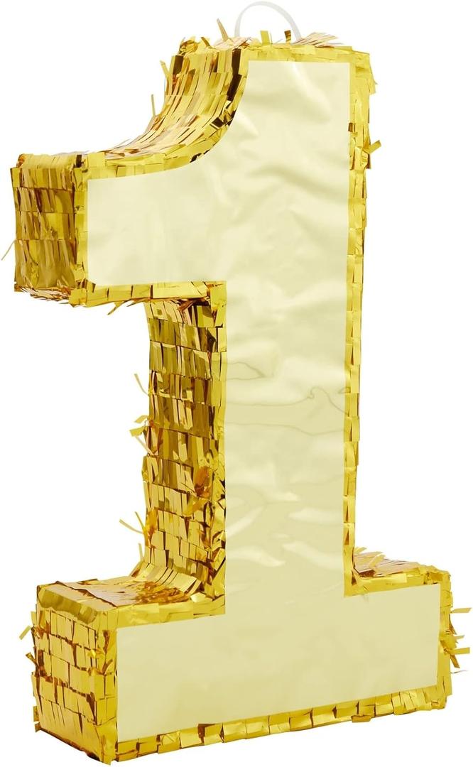 Gold Foil Number 1 Pinata - Pull-String Party Game & Birthday Pinata - First Fiesta Birthday Decorations - Gold, 10 x 16 x 3 in