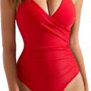 SUUKSESS Women Sexy Wrap Push Up One Piece Swimsuit Tummy Control Bathing Suit (Red, XL)