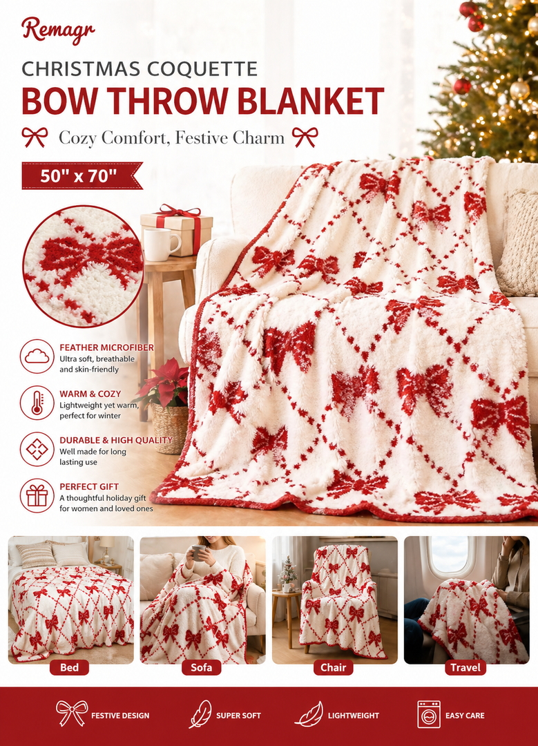 Remagr 50 x 70 Inch Christmas Coquette Bow Throw Blanket Christmas Coquette Gift for Women Feather Microfiber Xmas Throw Blanket for Xmas Living Room Sofa Bed Decor(Bow,Red)